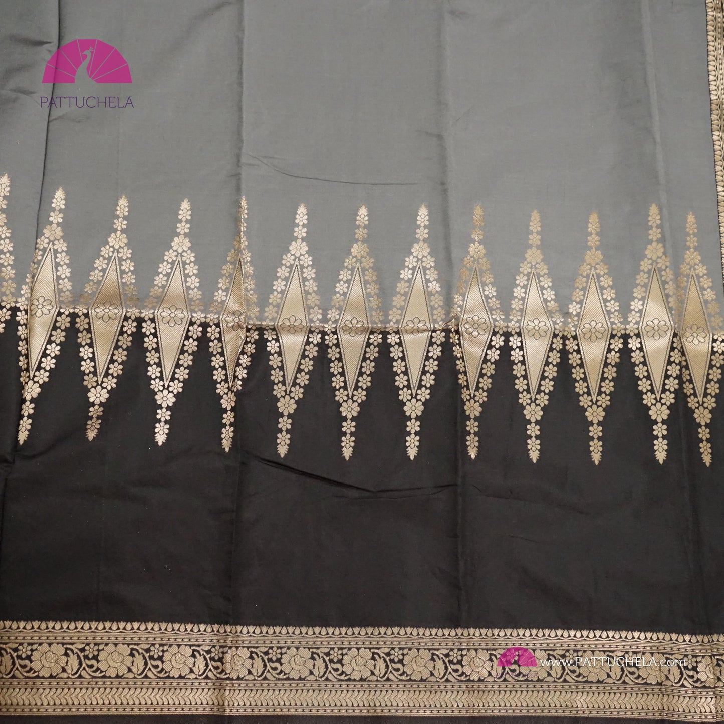 Gray and Black with Antique Gold Banarasi Soft Silk Saree