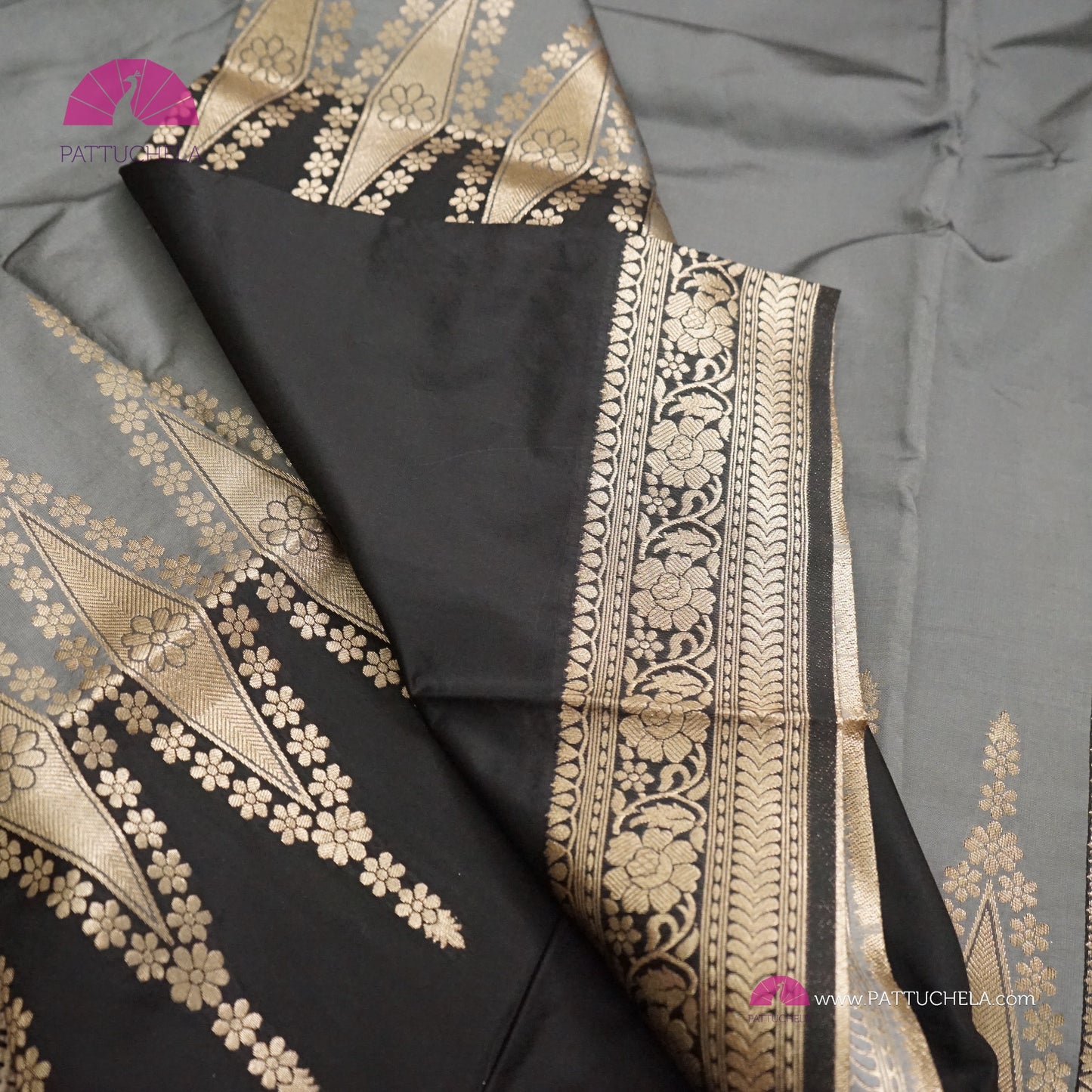 Gray and Black with Antique Gold Banarasi Soft Silk Saree