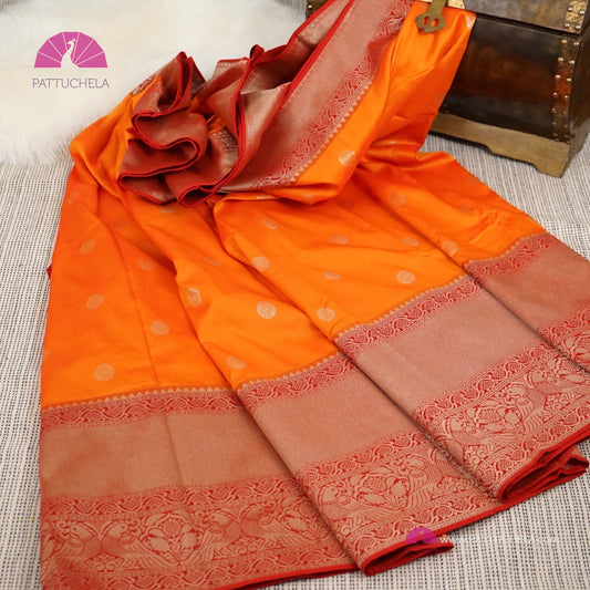 Pure Banarasi Munga Handwoven Soft Silk Saree in Fiery Orange with Red combo