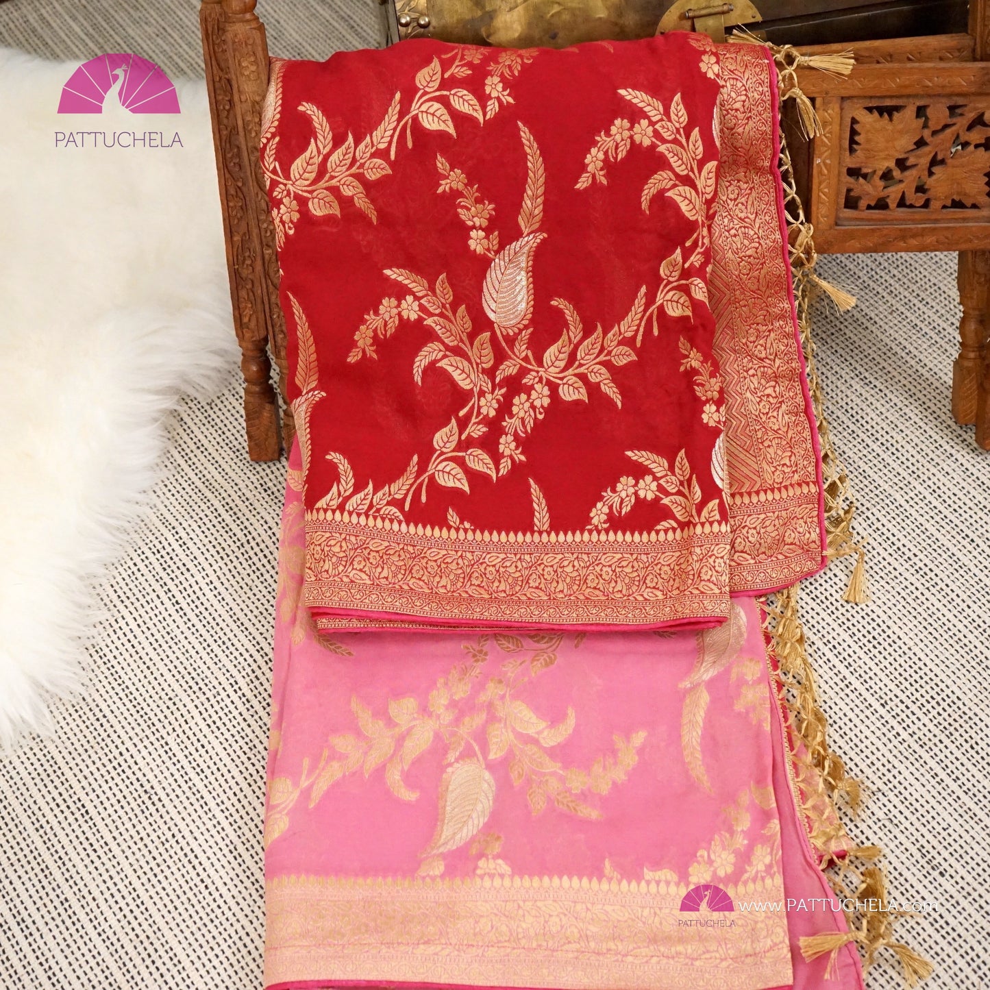 Pink and Red Ombre Banarasi Georgette Soft Silk Jaal handwoven Saree