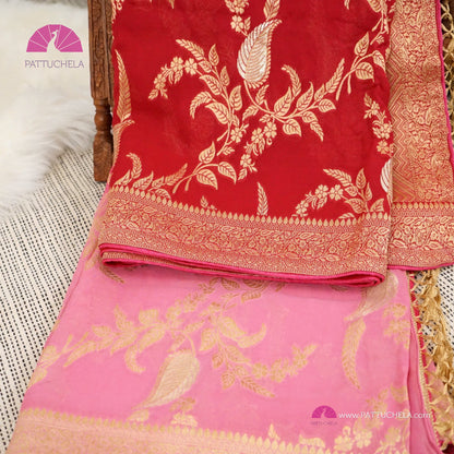 Pink and Red Ombre Banarasi Georgette Soft Silk Jaal handwoven Saree