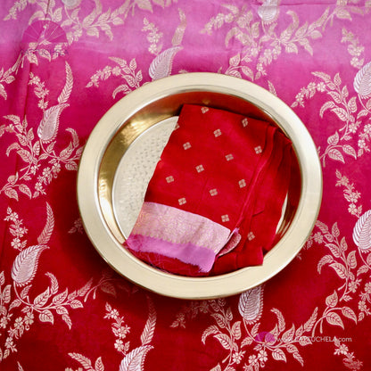 Pink and Red Ombre Banarasi Georgette Soft Silk Jaal handwoven Saree