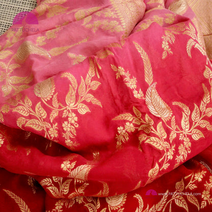 Pink and Red Ombre Banarasi Georgette Soft Silk Jaal handwoven Saree