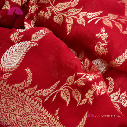 Pink and Red Ombre Banarasi Georgette Soft Silk Jaal handwoven Saree