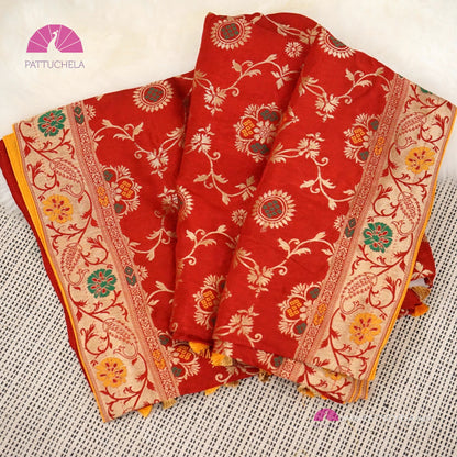 Vibrant Red Banarasi Munga Soft handwoven Silk Saree with Patola Weaves