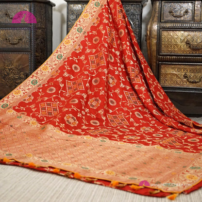 Vibrant Red Banarasi Munga Soft handwoven Silk Saree with Patola Weaves