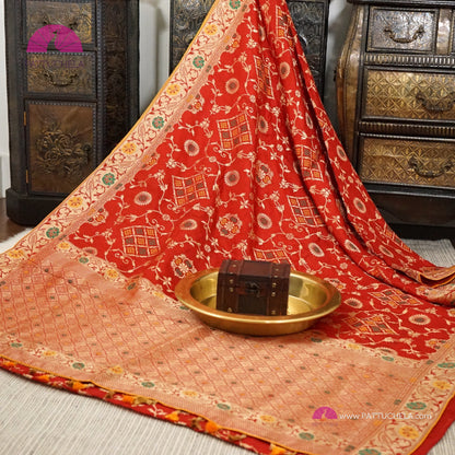 Vibrant Red Banarasi Munga Soft handwoven Silk Saree with Patola Weaves