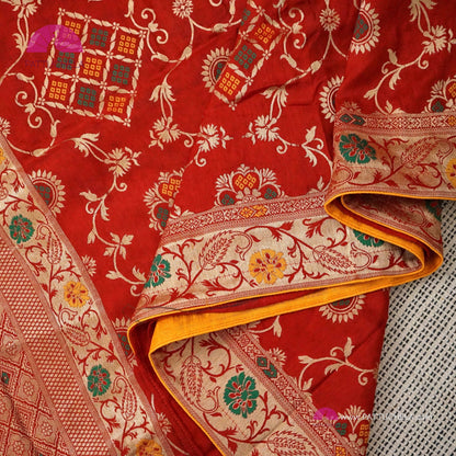 Vibrant Red Banarasi Munga Soft handwoven Silk Saree with Patola Weaves