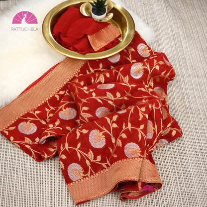 Gorgeous Banarasi Georgette Silk Saree in Red Color with Sona Rupa Jaal weaves