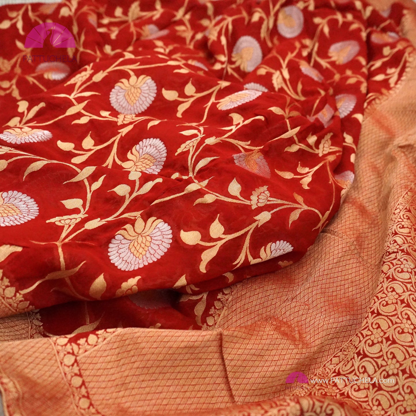 Gorgeous Banarasi Georgette Silk Saree in Red Color with Sona Rupa Jaal weaves