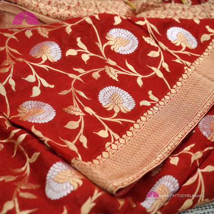 Gorgeous Banarasi Georgette Silk Saree in Red Color with Sona Rupa Jaal weaves