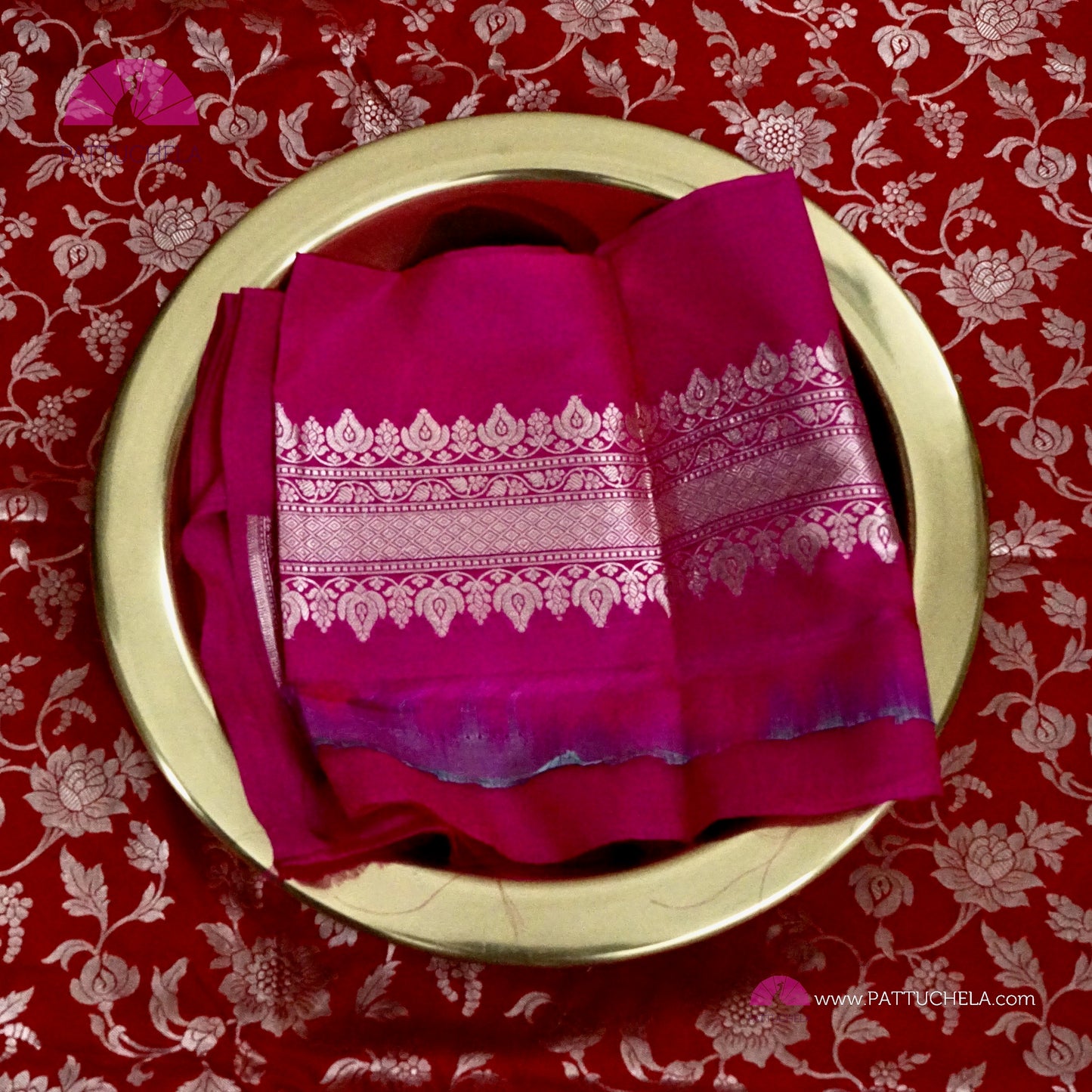 Pure Banarasi Katan Jaal Jangala handloom Silk in Red and Pink