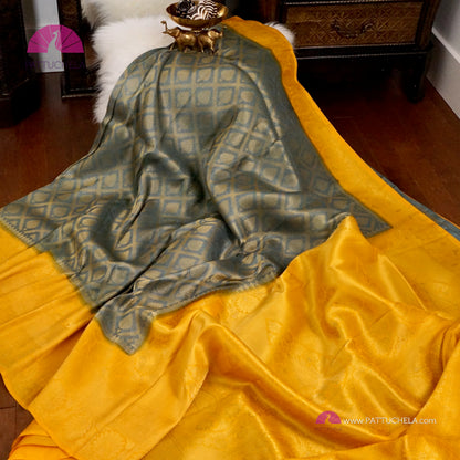 Gorgeous Grey with Yellow Banarasi Soft Silk Saree