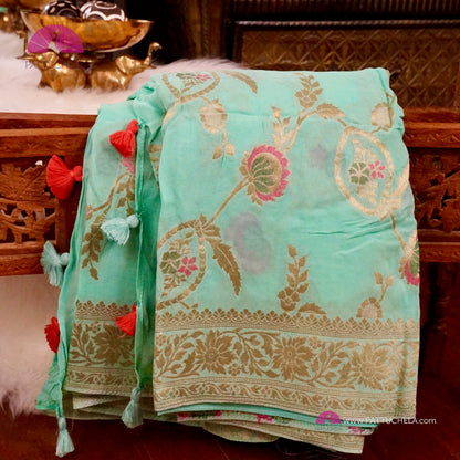 Turqouise Banarasi Georgette Silk handwoven Saree with Meenakari Jaal weaves