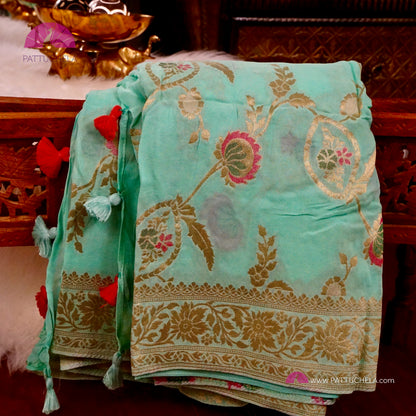 Turqouise Banarasi Georgette Silk handwoven Saree with Meenakari Jaal weaves