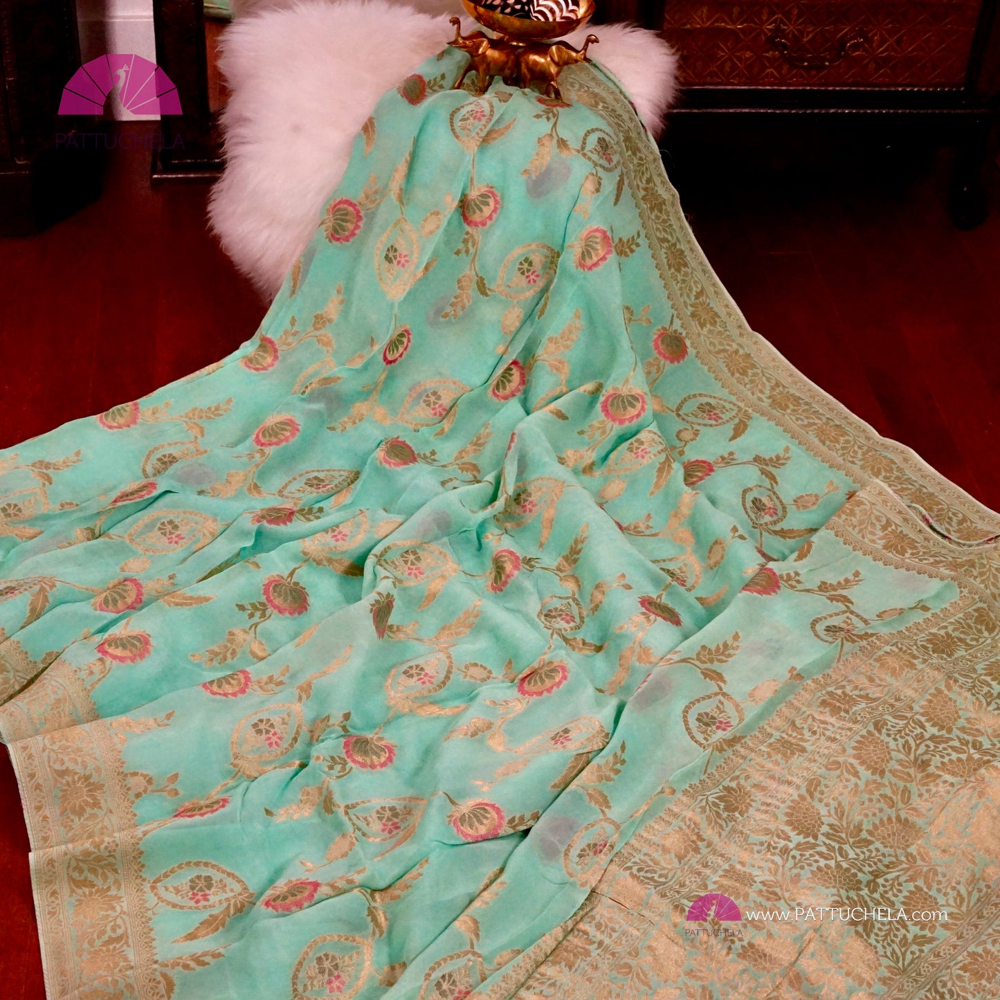 Turqouise Banarasi Georgette Silk handwoven Saree with Meenakari Jaal weaves