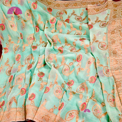 Turqouise Banarasi Georgette Silk handwoven Saree with Meenakari Jaal weaves