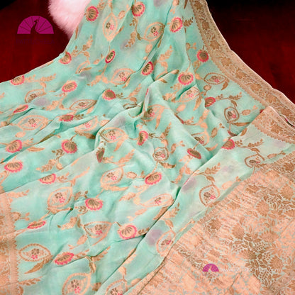 Turqouise Banarasi Georgette Silk handwoven Saree with Meenakari Jaal weaves