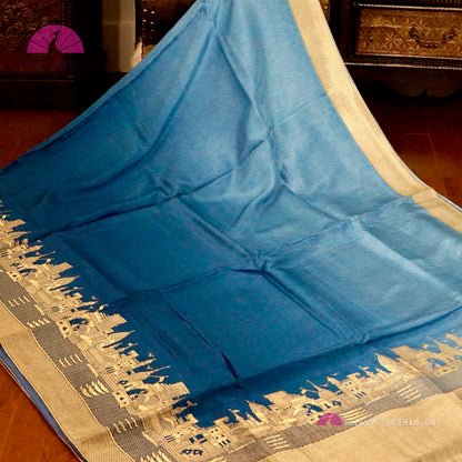 Blue Ombre Pure Banarasi Munga Crepe Soft Silk Saree with Banarasi Ghat Borders