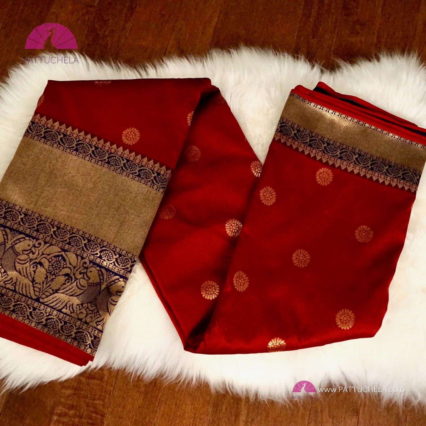 Pure Banarasi Munga Handwoven Soft Silk Saree in Red with Blue combo