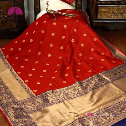 Pure Banarasi Munga Handwoven Soft Silk Saree in Red with Blue combo