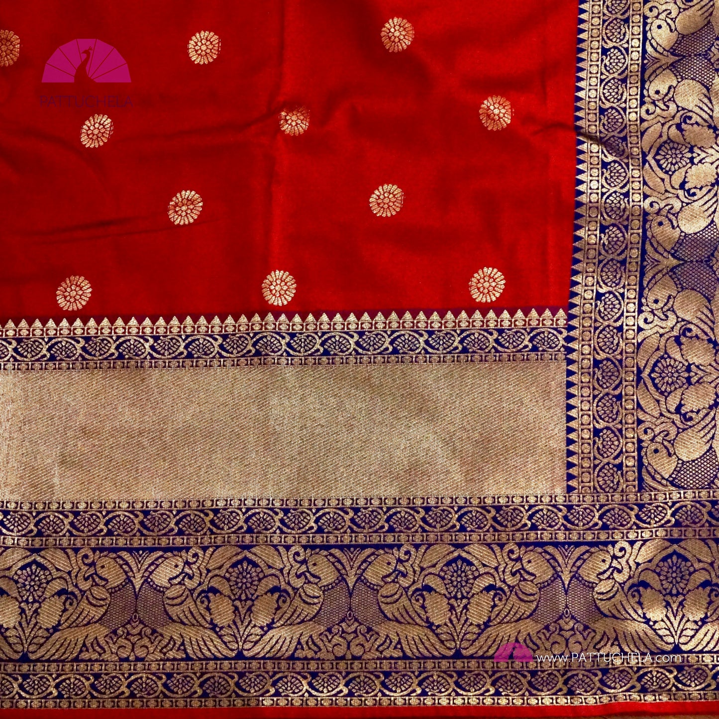 Pure Banarasi Munga Handwoven Soft Silk Saree in Red with Blue combo