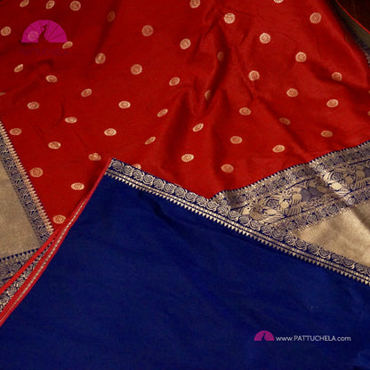 Pure Banarasi Munga Handwoven Soft Silk Saree in Red with Blue combo