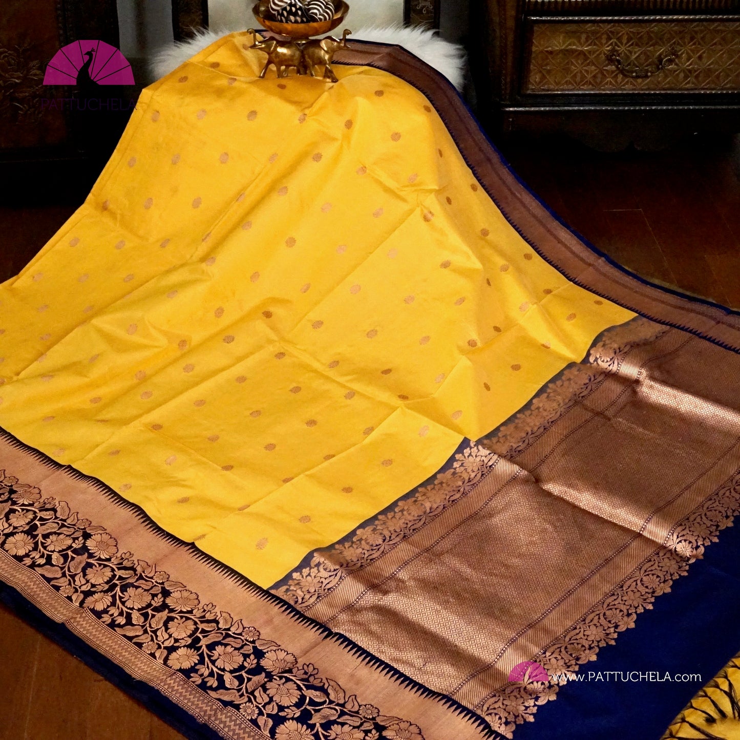 Yellow Banarasi Katan handloom Silk Saree with Floral Zari Borders