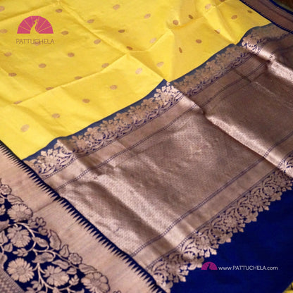 Yellow Banarasi Katan handloom Silk Saree with Floral Zari Borders