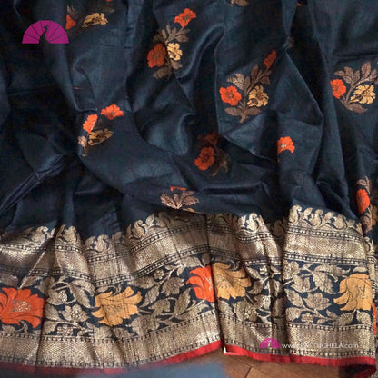 Black Banarasi handloom Tusser Silk Saree in Kadhua weaves