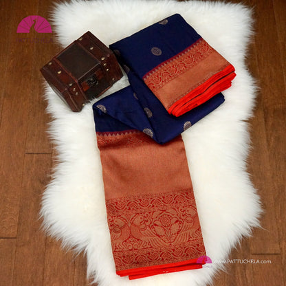 Pure Banarasi Munga Handwoven Soft Silk Saree in Midnight Blue with Red combo