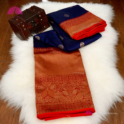 Pure Banarasi Munga Handwoven Soft Silk Saree in Midnight Blue with Red combo