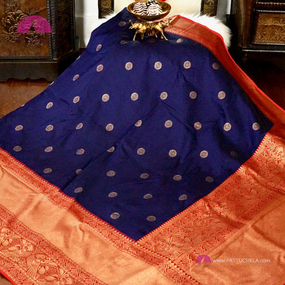 Pure Banarasi Munga Handwoven Soft Silk Saree in Midnight Blue with Red combo