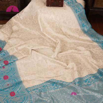 Silvery White Banarasi Semi Katan handwoven Soft Silk Saree