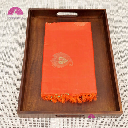 Blaze Orange Pure Kanchipuram Borderless Soft Silk Saree with Paisely Zari Motifs | Borderless Saree | Party Wear | SILK MARK CERTIFIED | Kanjivaram Silks