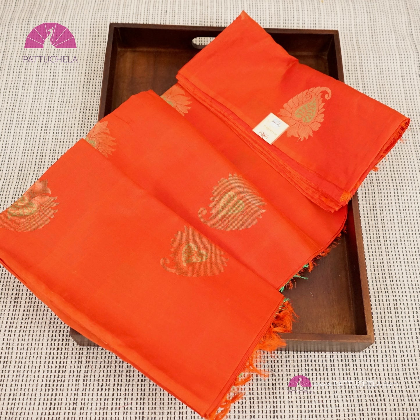 Blaze Orange Pure Kanchipuram Borderless Soft Silk Saree with Paisely Zari Motifs | Borderless Saree | Party Wear | SILK MARK CERTIFIED | Kanjivaram Silks