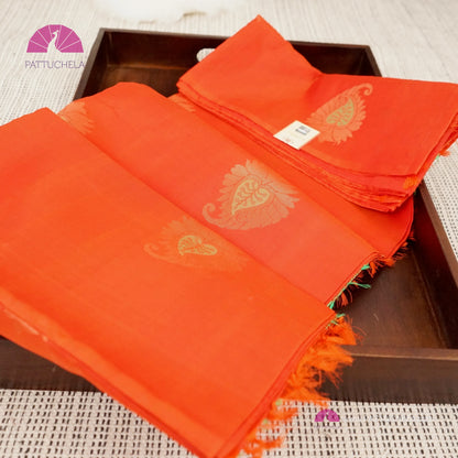 Blaze Orange Pure Kanchipuram Borderless Soft Silk Saree with Paisely Zari Motifs | Borderless Saree | Party Wear | SILK MARK CERTIFIED | Kanjivaram Silks