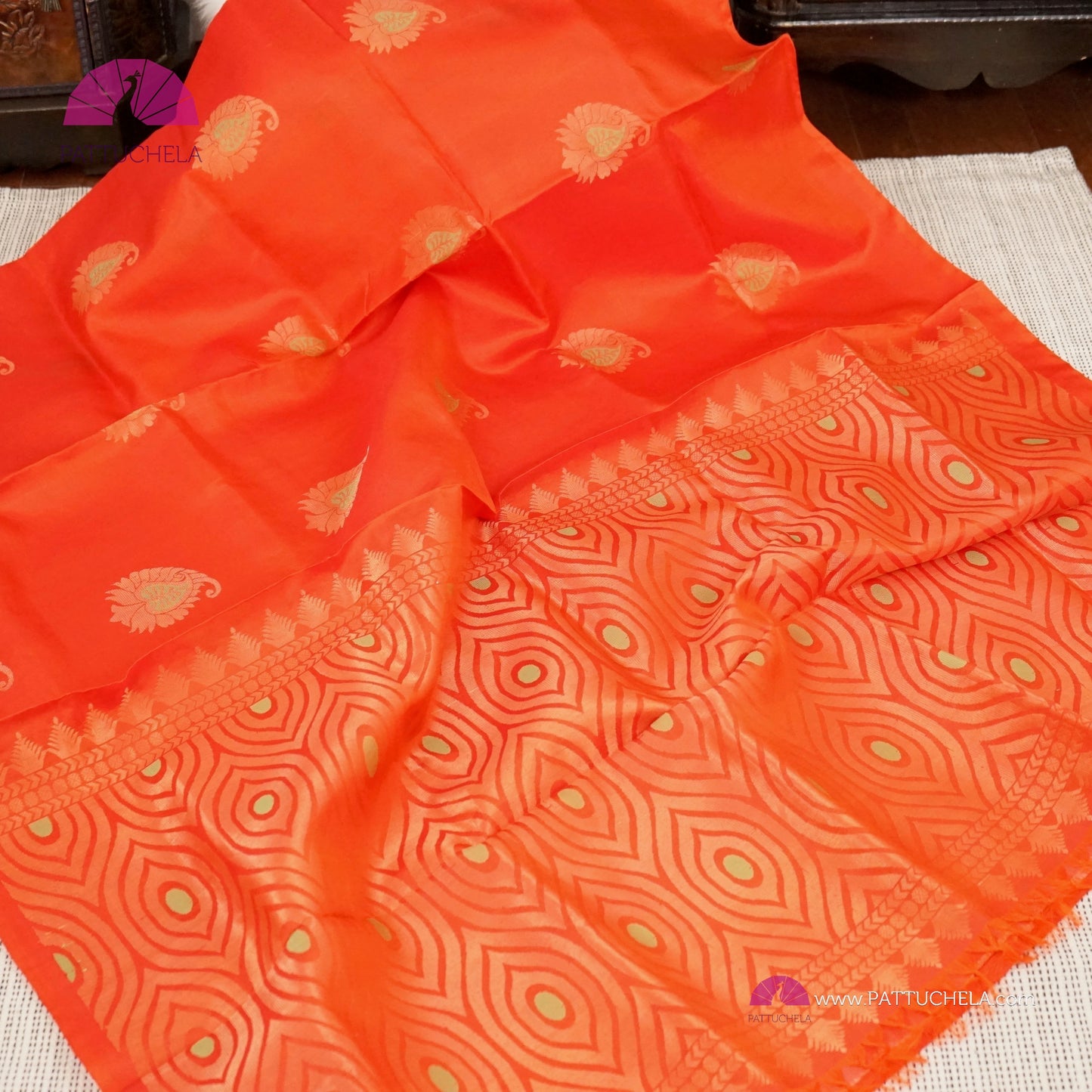 Blaze Orange Pure Kanchipuram Borderless Soft Silk Saree with Paisely Zari Motifs | Borderless Saree | Party Wear | SILK MARK CERTIFIED | Kanjivaram Silks