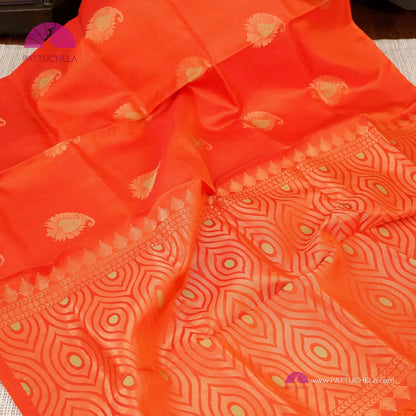 Blaze Orange Pure Kanchipuram Borderless Soft Silk Saree with Paisely Zari Motifs | Borderless Saree | Party Wear | SILK MARK CERTIFIED | Kanjivaram Silks