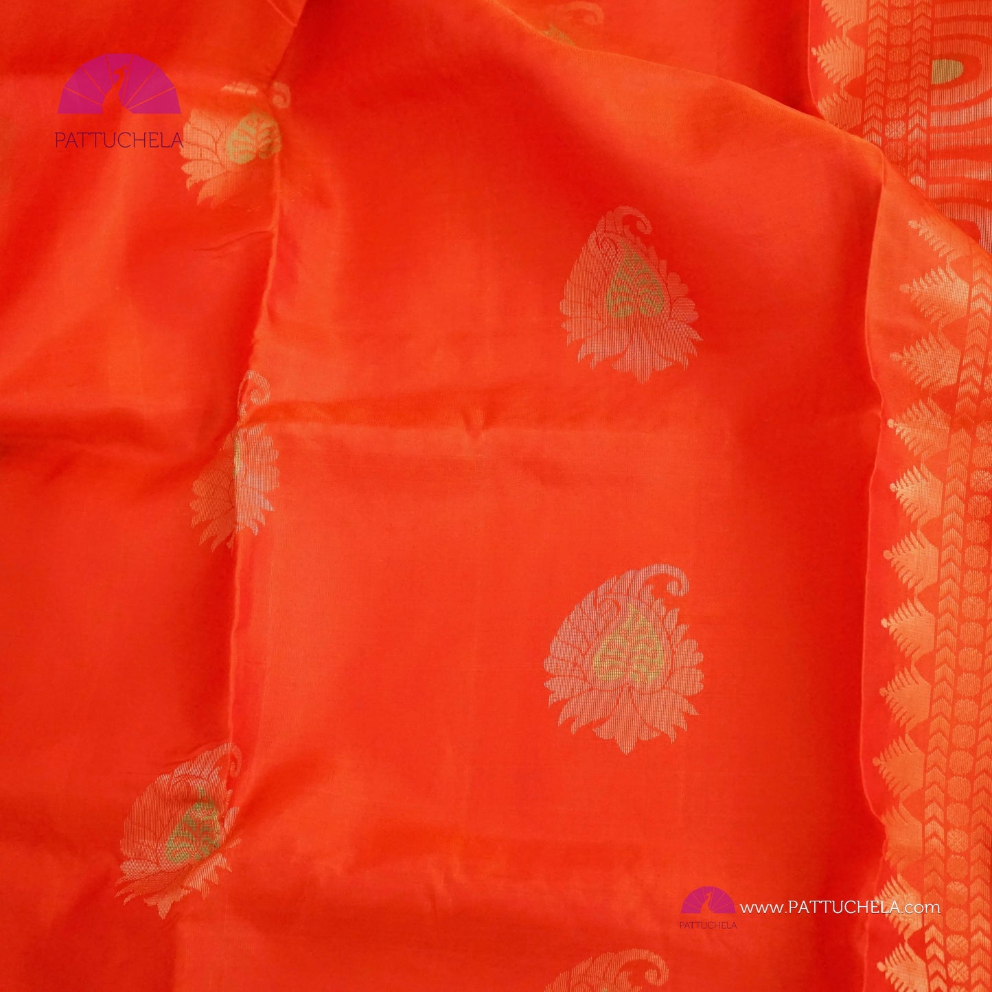 Blaze Orange Pure Kanchipuram Borderless Soft Silk Saree with Paisely Zari Motifs | Borderless Saree | Party Wear | SILK MARK CERTIFIED | Kanjivaram Silks