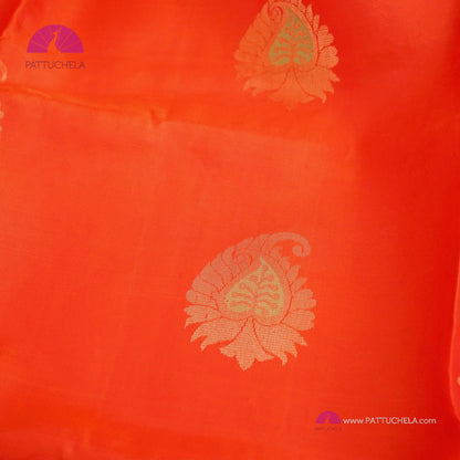 Blaze Orange Pure Kanchipuram Borderless Soft Silk Saree with Paisely Zari Motifs | Borderless Saree | Party Wear | SILK MARK CERTIFIED | Kanjivaram Silks