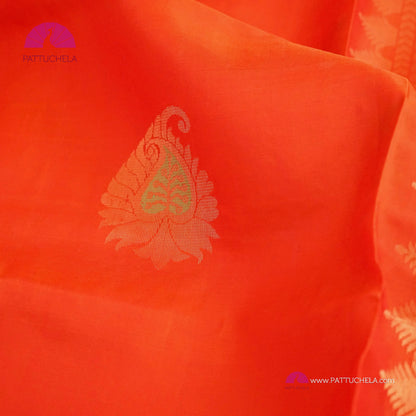 Blaze Orange Pure Kanchipuram Borderless Soft Silk Saree with Paisely Zari Motifs | Borderless Saree | Party Wear | SILK MARK CERTIFIED | Kanjivaram Silks