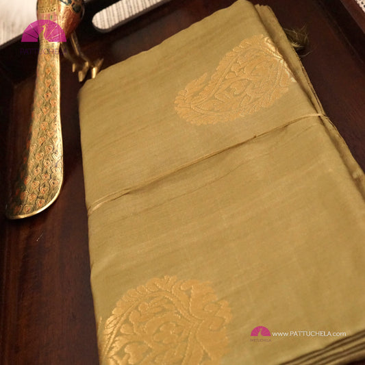 Olive Green Pure Kanchipuram Borderless Soft Silk Saree with Paisley Zari Motifs | Wedding Saree | SILKMARK CERTIFIED | Kanjivaram Silks