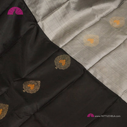 Half and Half Pure Kanchipuram Soft Silk Saree in Black and Grey Chic Combinations with Peacock feather Zari Motifs in Antique Gold | Light Weight Kanchi | SILK MARK CERTIFIED | Kanjivaram Silks