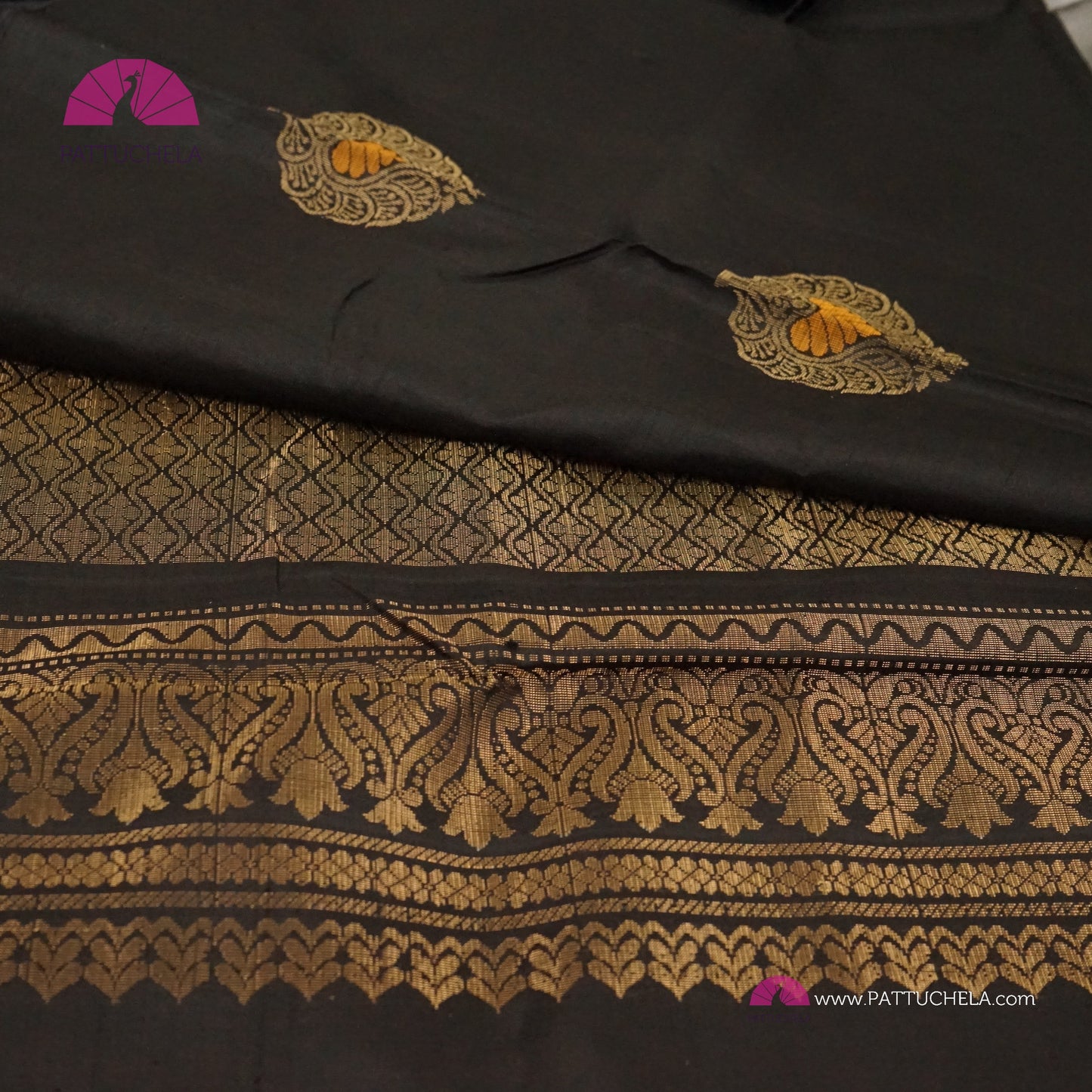 Half and Half Pure Kanchipuram Soft Silk Saree in Black and Grey Chic Combinations with Peacock feather Zari Motifs in Antique Gold | Light Weight Kanchi | SILK MARK CERTIFIED | Kanjivaram Silks