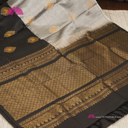 Half and Half Pure Kanchipuram Soft Silk Saree in Black and Grey Chic Combinations with Peacock feather Zari Motifs in Antique Gold | Light Weight Kanchi | SILK MARK CERTIFIED | Kanjivaram Silks