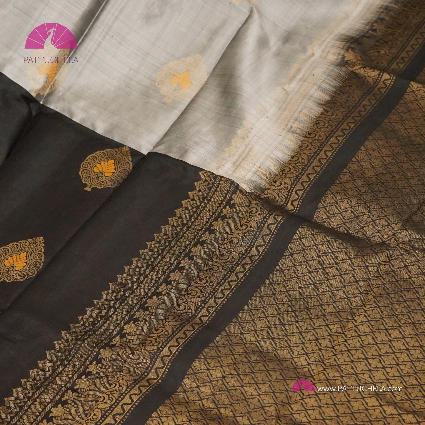 Half and Half Pure Kanchipuram Soft Silk Saree in Black and Grey Chic Combinations with Peacock feather Zari Motifs in Antique Gold | Light Weight Kanchi | SILK MARK CERTIFIED | Kanjivaram Silks