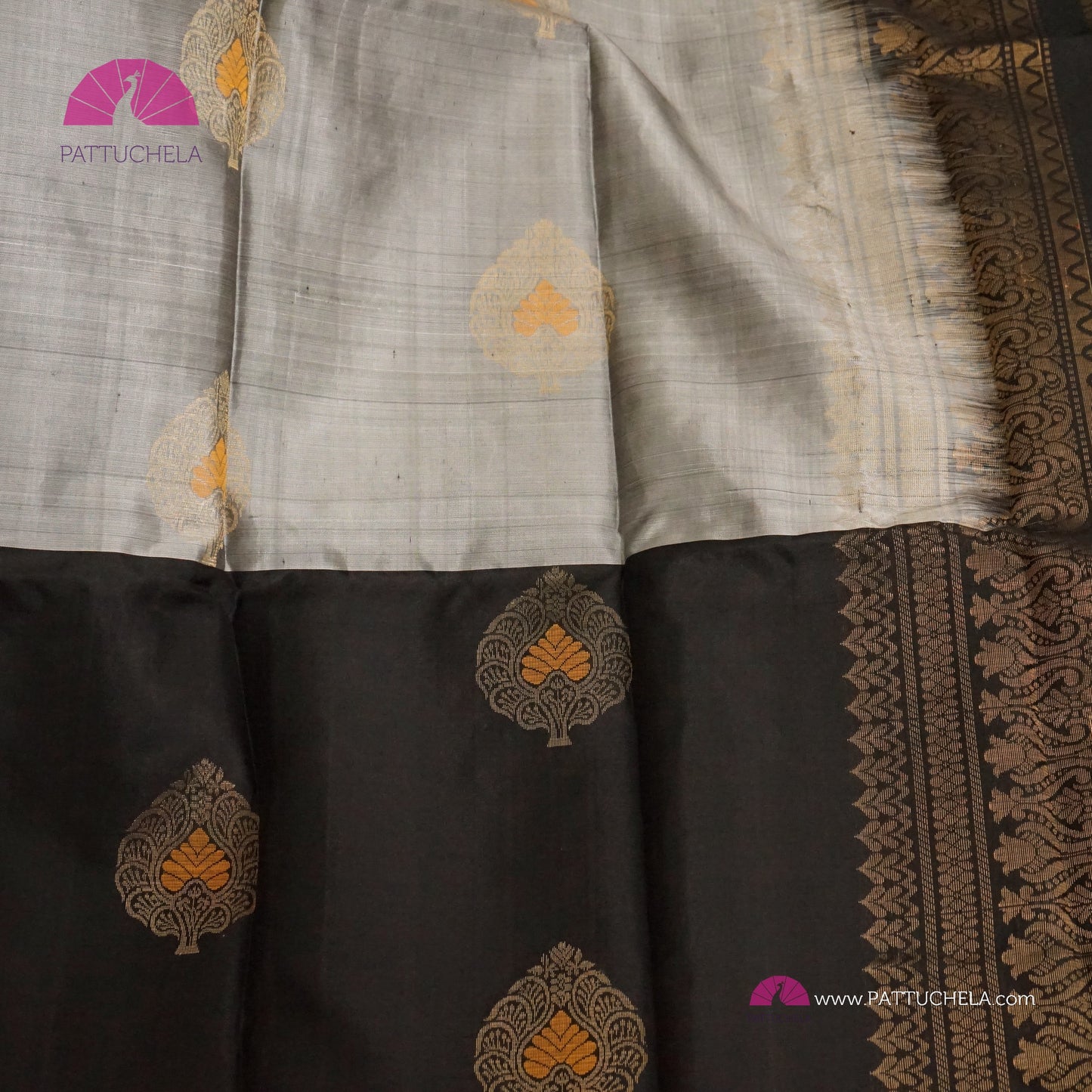 Half and Half Pure Kanchipuram Soft Silk Saree in Black and Grey Chic Combinations with Peacock feather Zari Motifs in Antique Gold | Light Weight Kanchi | SILK MARK CERTIFIED | Kanjivaram Silks