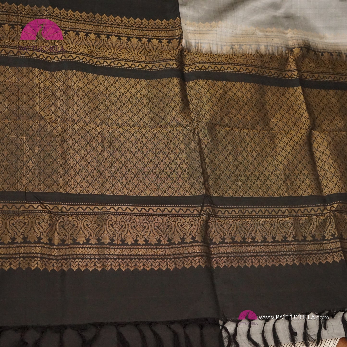 Half and Half Pure Kanchipuram Soft Silk Saree in Black and Grey Chic Combinations with Peacock feather Zari Motifs in Antique Gold | Light Weight Kanchi | SILK MARK CERTIFIED | Kanjivaram Silks