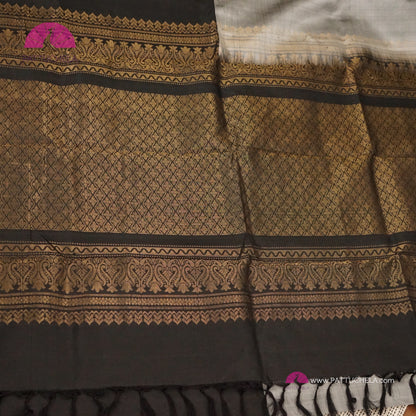 Half and Half Pure Kanchipuram Soft Silk Saree in Black and Grey Chic Combinations with Peacock feather Zari Motifs in Antique Gold | Light Weight Kanchi | SILK MARK CERTIFIED | Kanjivaram Silks